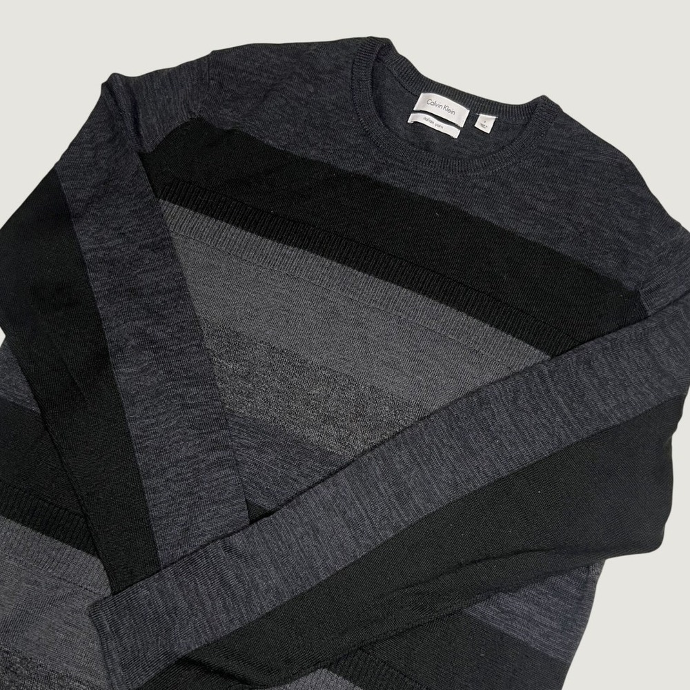 Calvin Klein Mens Italian Yarn Striped Crewneck Sweater Gray Black Large
